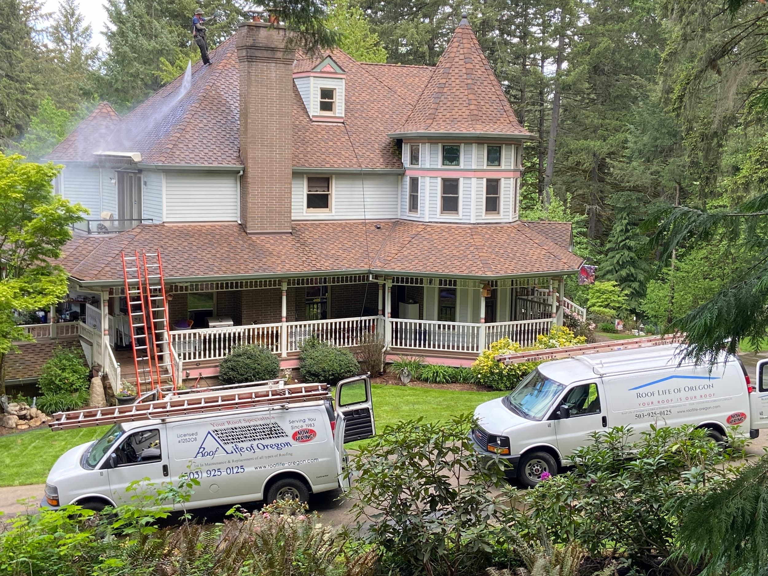 A portland-area home having its roof repaired